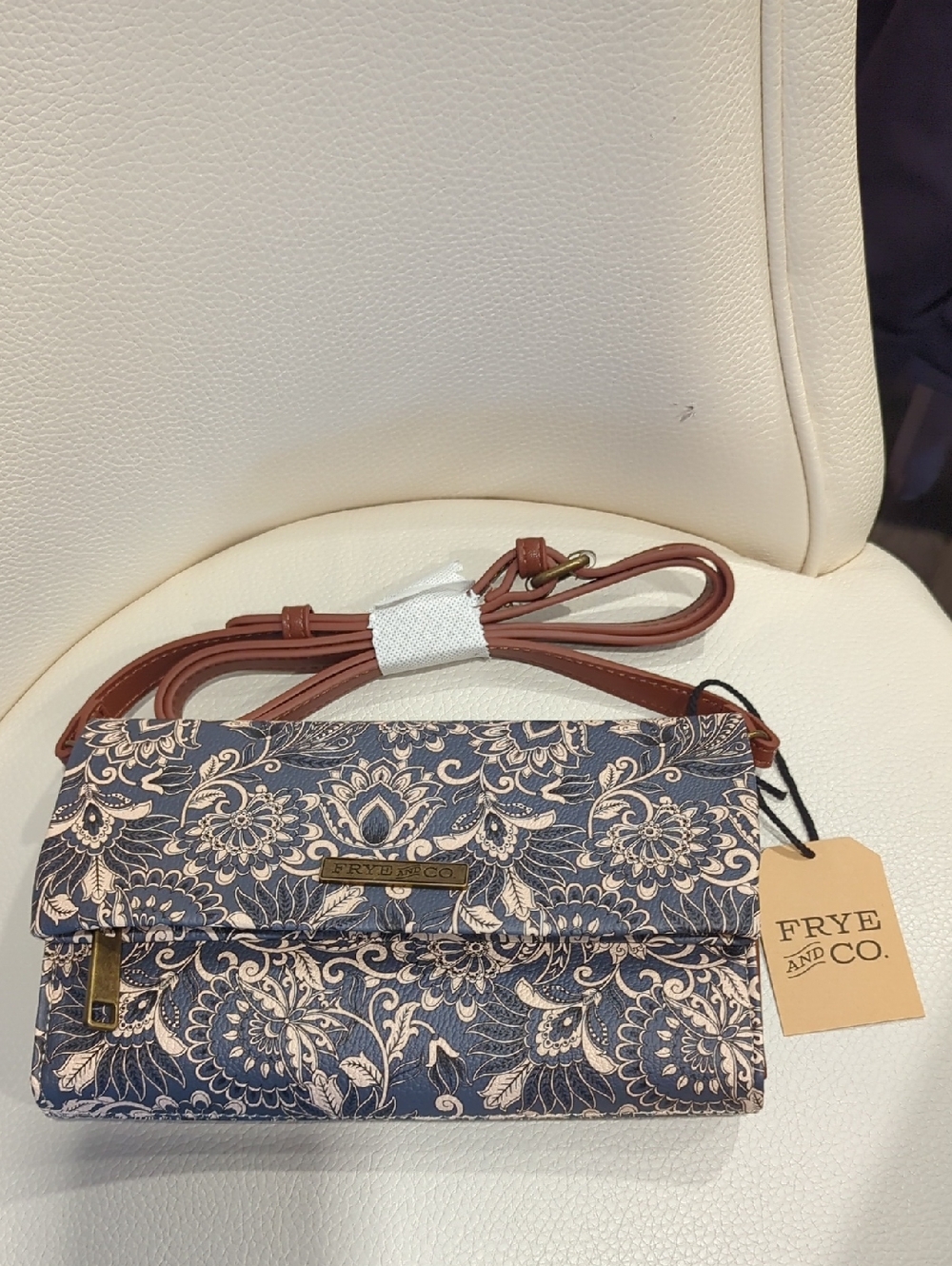 FRYE AND CO. Navy Floral Crossbody with Tan Leather Trim